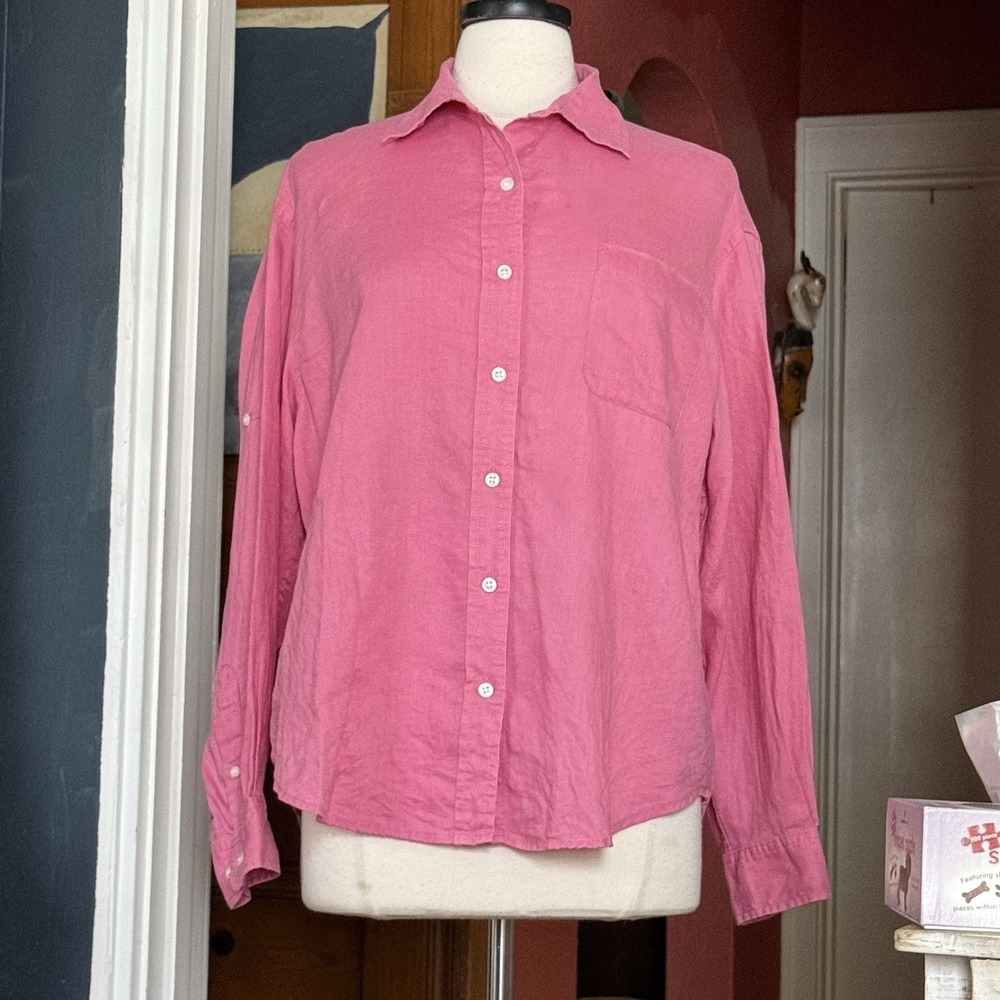 Jones New York Sport 100% Linen Pink Shirt Blouse L Womens Buttons Long‎ Sleeves